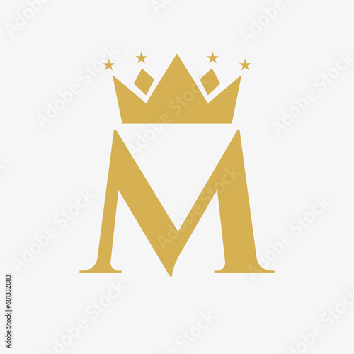 Crown Logo On Letter M with Star Icon. Crown Symbol Template