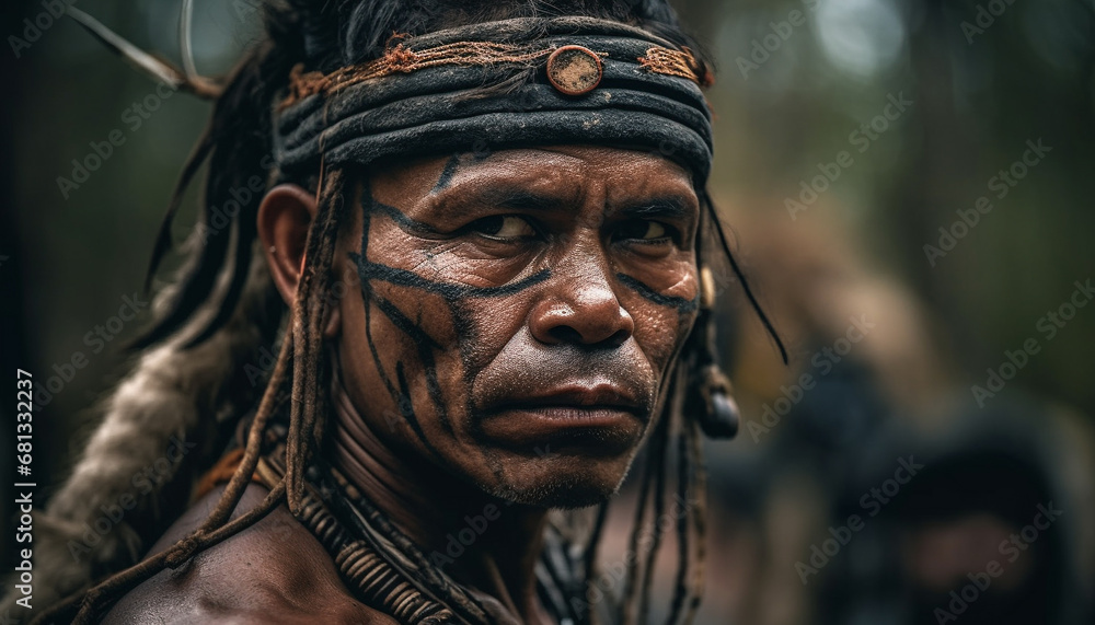 Indigenous cultures unite through traditional clothing and face paint generated by AI Indigenous cultures unite through traditional clothing and face paint generated by AI