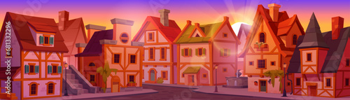 Medieval german city street with houses at sunset or sunrise. Cartoon cityscape with old town traditional homes with wood fachwerk under pink sky. Half-timbered buildings with stone pavement sidewalk.