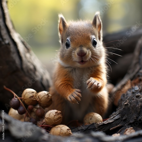 Photo of a tiny squirrel nibbling on a nut. Generative AI