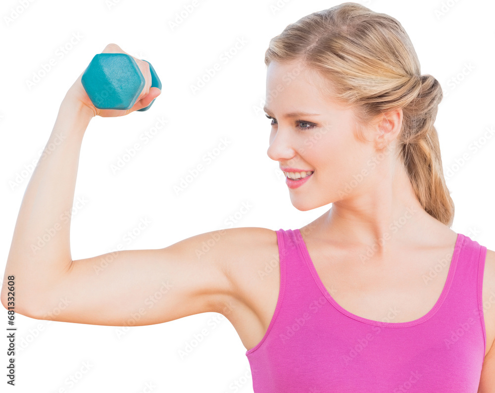 Digital png photo of happy caucasian woman lifting dumbbell on transparent background Digital png photo of happy caucasian woman lifting dumbbell on transparent background