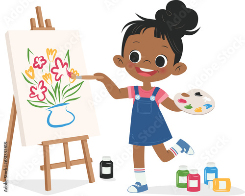 Digital png illustration of happy girl painting flowers on transparent background