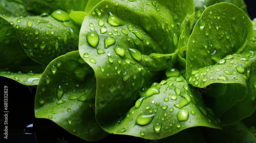 closeup Fresh green lettuce leaves with water drops, banner background, water drops on green leaf