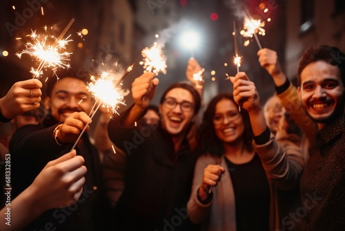 Friends enjoying celebrating happy new year party at night holding burning bengal lights in hands