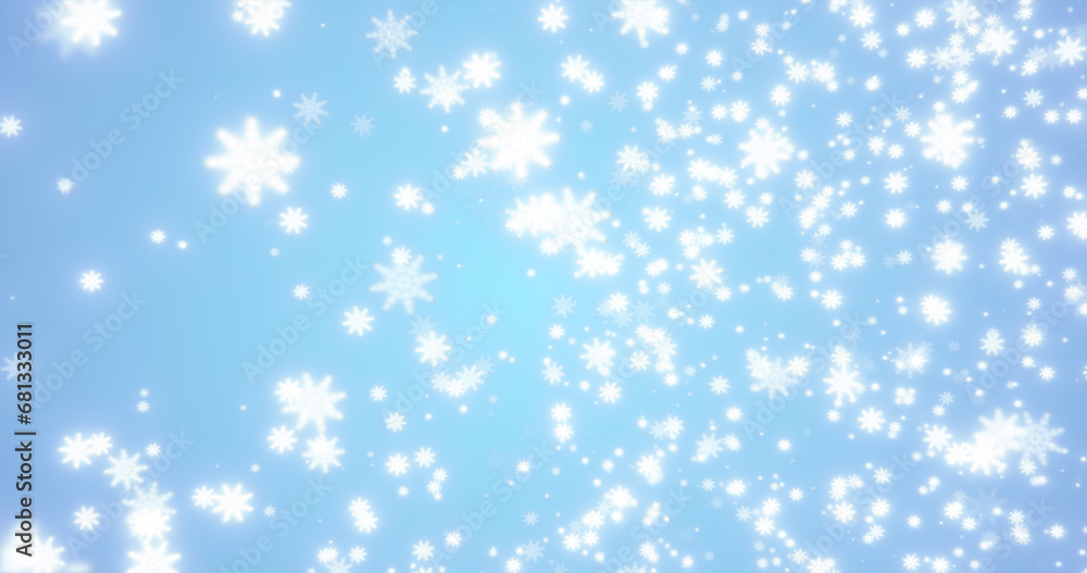 Christmas festive bright New Year background made of white glowing winter beautiful falling flying snowflakes patterns on a blue background