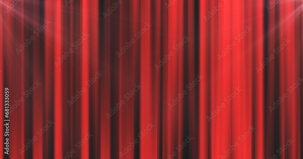 Abstract red curtain background in a theater or stage illuminated by spotlight lamps made of iridescent stripes and lines