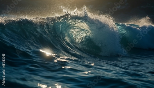 Men surfing in Bali  splashing through waves  extreme adventure generated by AI