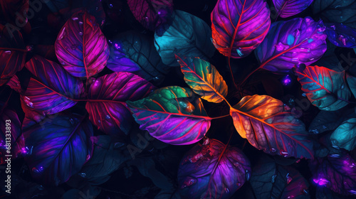 colorful flower leaves on black background, neon color ,tropical leaves wallpaper