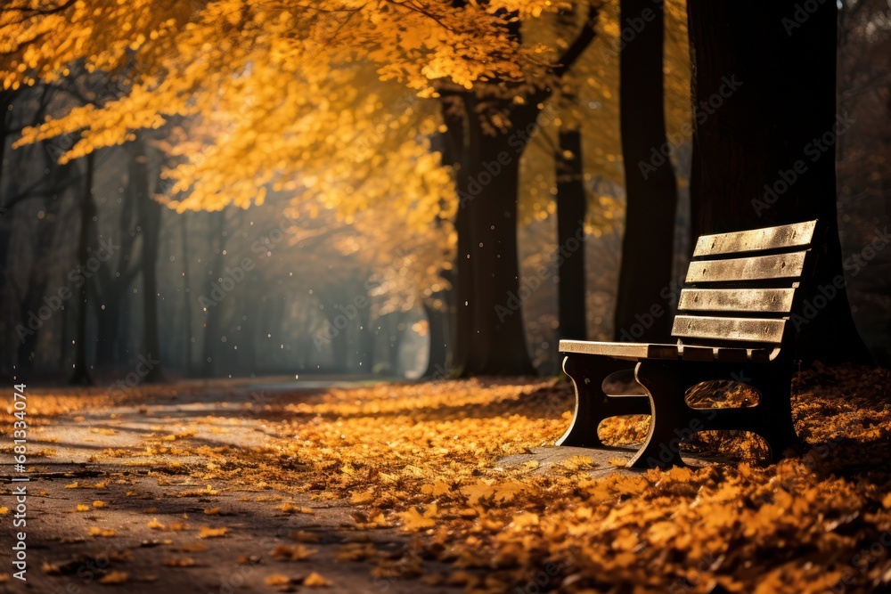 Wooden bench at a forest glade in autumn