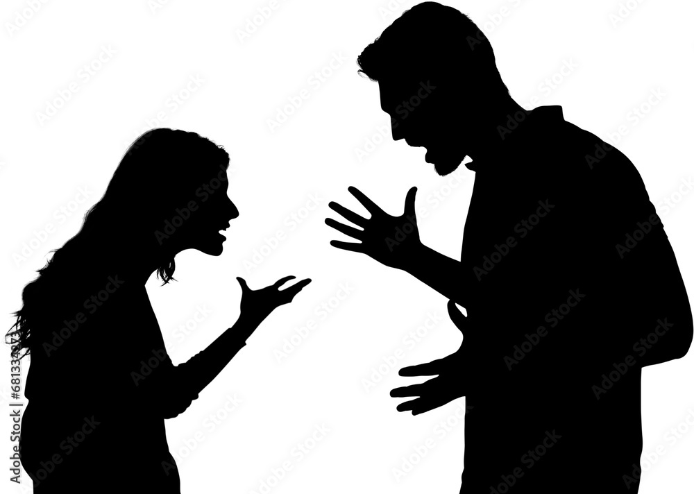 Digital png illustration of silhouette of couple arguing on transparent background