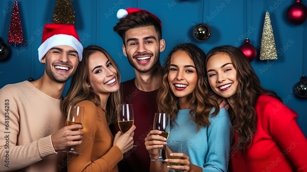 portrait of Friends group laughing enjoying and celebrating together on red studio background portrait of Friends group laughing enjoying and celebrating together on red studio background