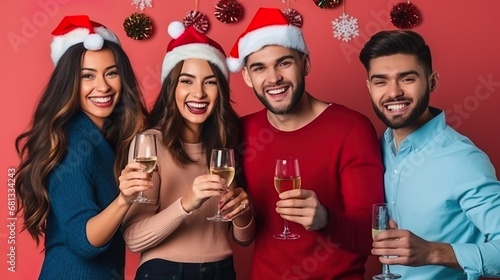 portrait of Friends group laughing enjoying and celebrating together on red studio background 