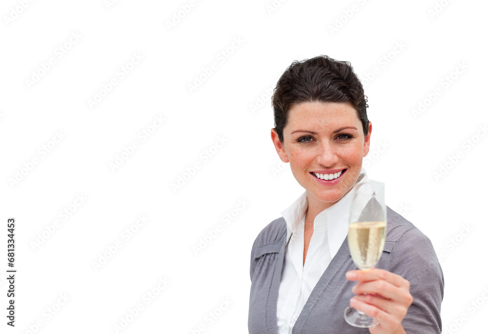 Digital png photo of happy caucasian woman with glass of champagne on transparent background Digital png photo of happy caucasian woman with glass of champagne on transparent background