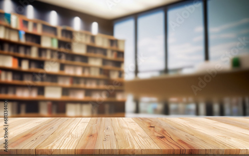 Empty wooden table and modern library background, product display.