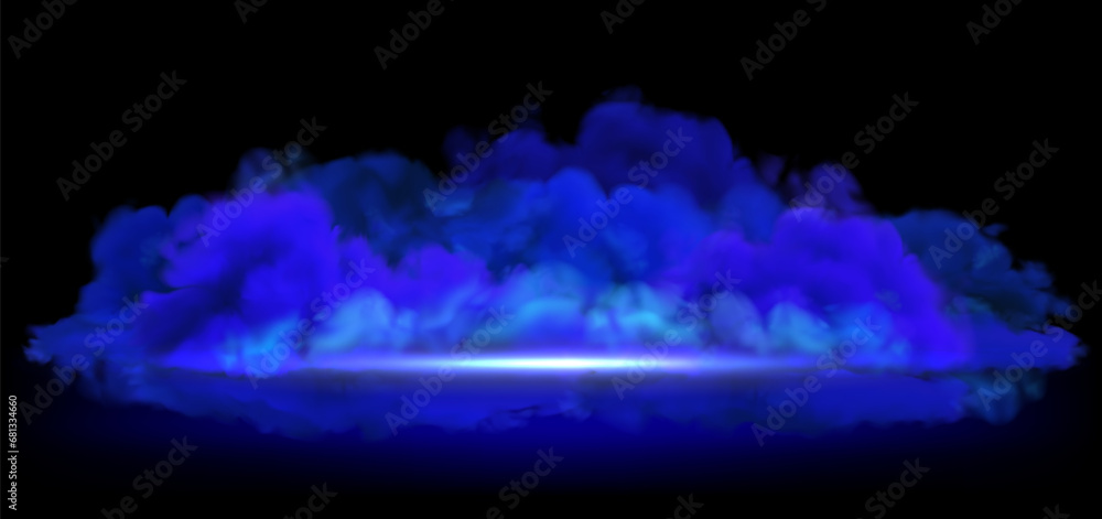 Vector blue smoke on ground backdrop. Purple clouds on black background, shining in dark banner template with copy space. Halloween night illustration. Mystic stage or display