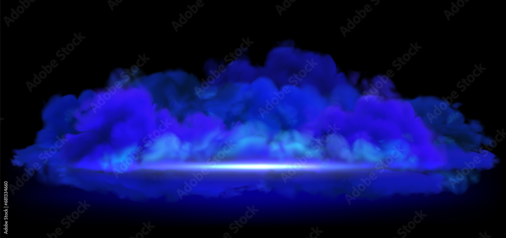 Fototapeta premium Vector blue smoke on ground backdrop. Purple clouds on black background, shining in dark banner template with copy space. Halloween night illustration. Mystic stage or display