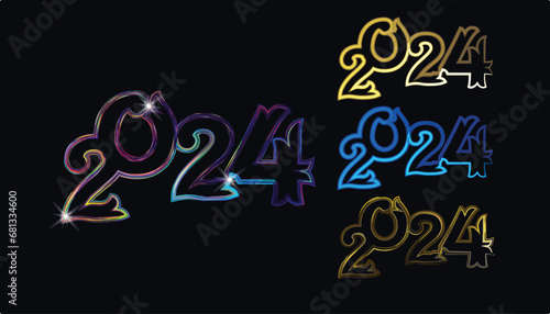 2024 Happy New Year clock countdown background. Gold glitter shining in light with sparkles abstract celebration. Greeting festive card vector illustration. Merry holiday poster or wallpaper design