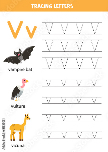 Tracing alphabet letters for kids. Animal alphabet. Letter v is for vampire bat vicuna vulture.