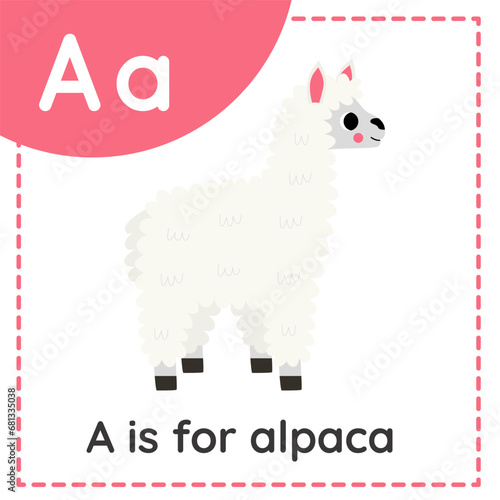 Learning English alphabet for kids. Letter A. Cute cartoon alpaca.