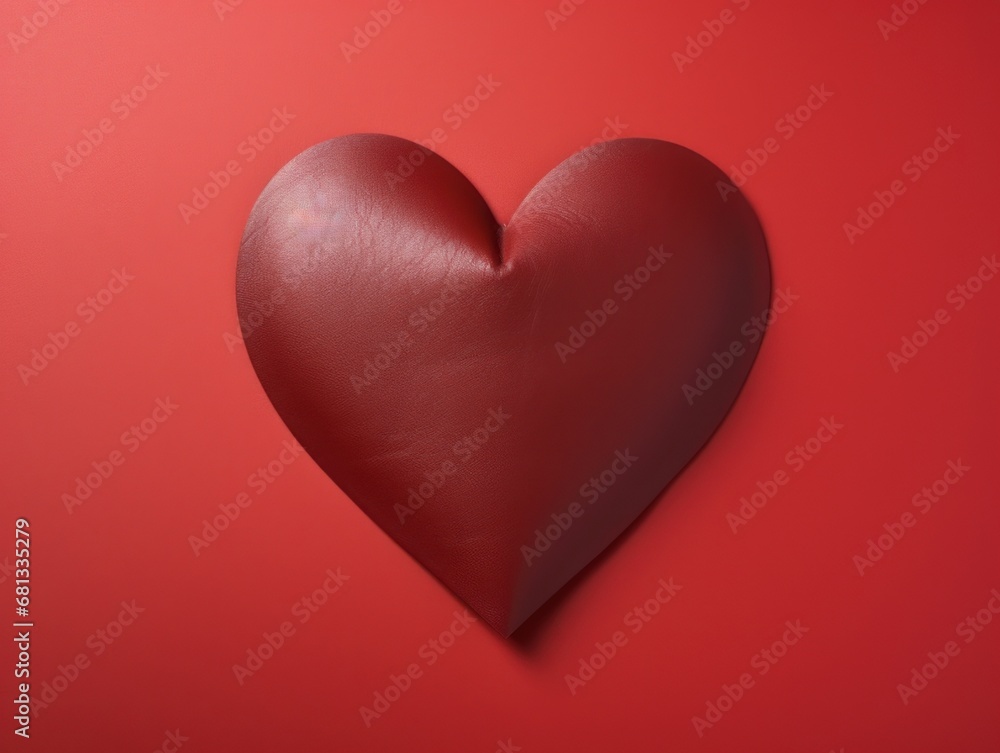Heart made of leather on contrast red background. Valentine's Day concept.