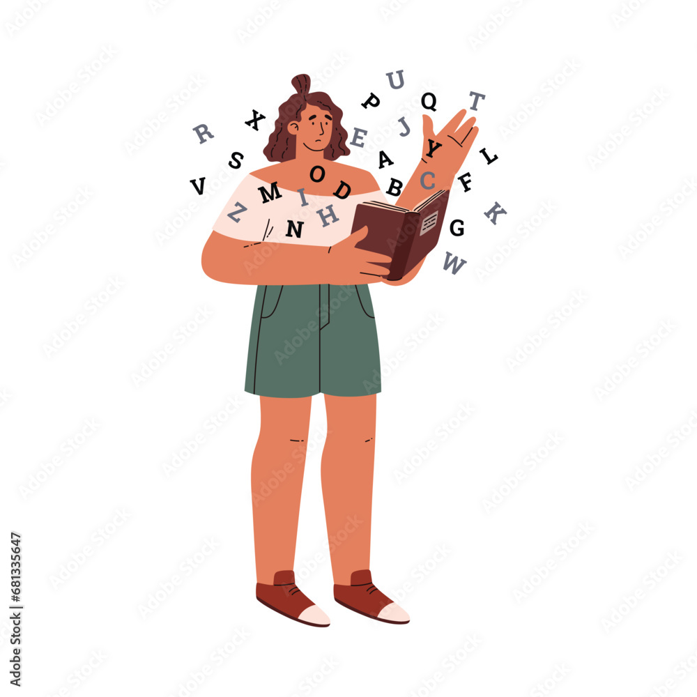 Difficulties learning and dyslexia vector concept, woman difficulty in reading, disappointed student with scattered letters Difficulties learning and dyslexia vector concept, woman difficulty in reading, disappointed student with scattered letters
