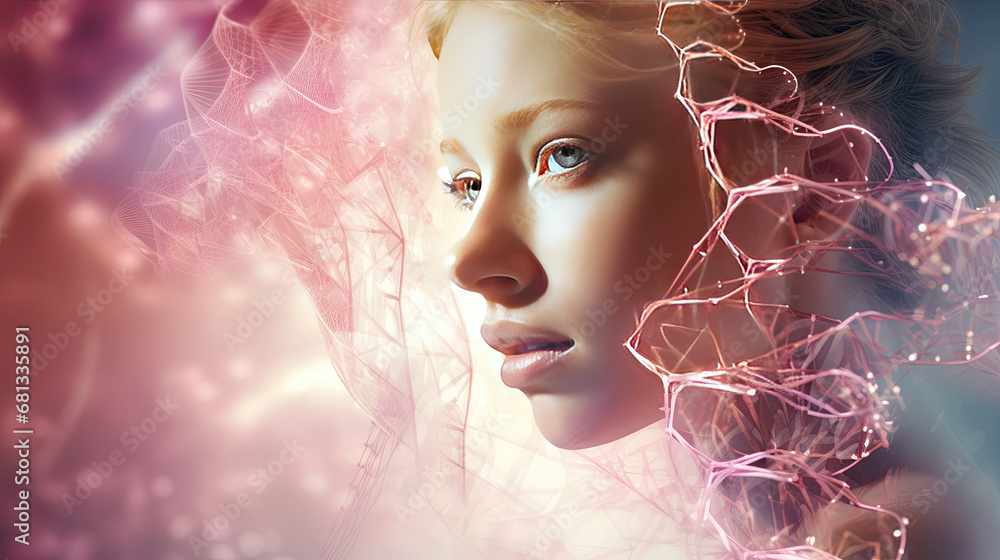 Naklejka premium 3d female portrait with chromatin strands, concept of changing DNA to stay young forever