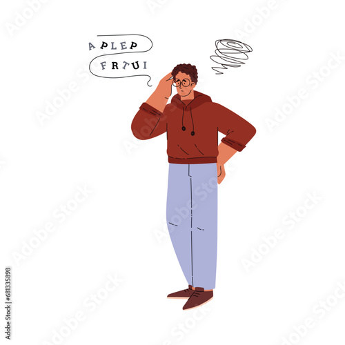 Confused guy with letters and tangled line above his head.