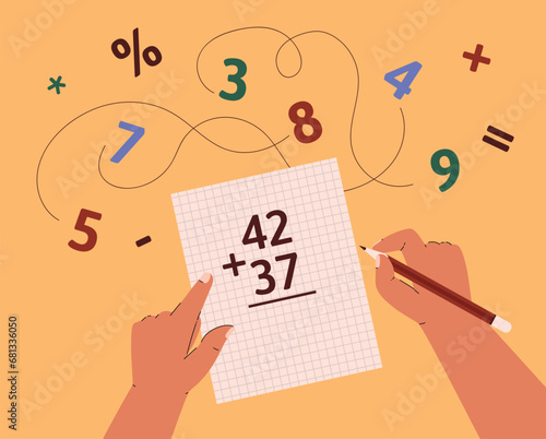 Person is trying to put numbers in column on paper sheet.