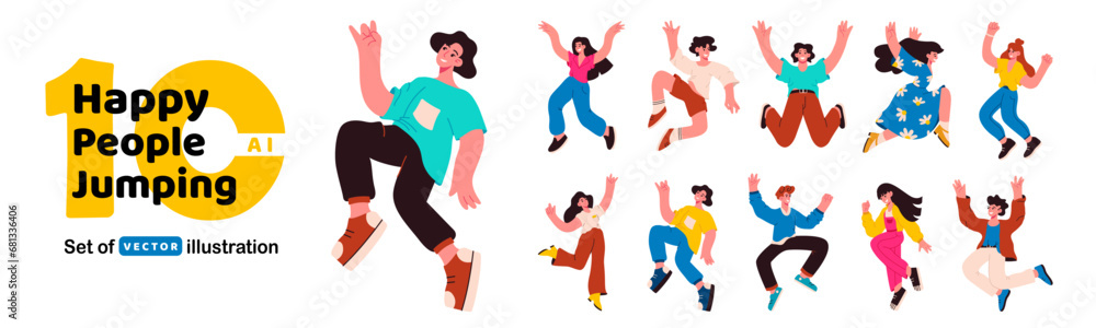 Fototapeta premium Happy people jump. Person fly vector illustration. Happy people jump set. Young character energy pose. Student joy. Happy youth man and woman. Happy jumping people celebrating event and freedom dance.