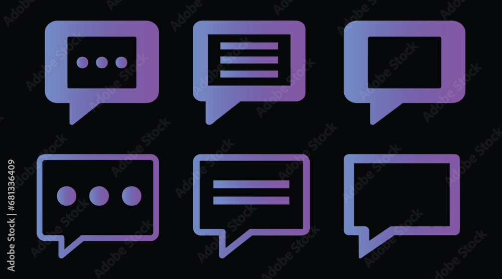 Set of speak bubble text gradient, chatting box, message box design, flat vector isolated on black background Set of speak bubble text gradient, chatting box, message box design, flat vector isolated on black background