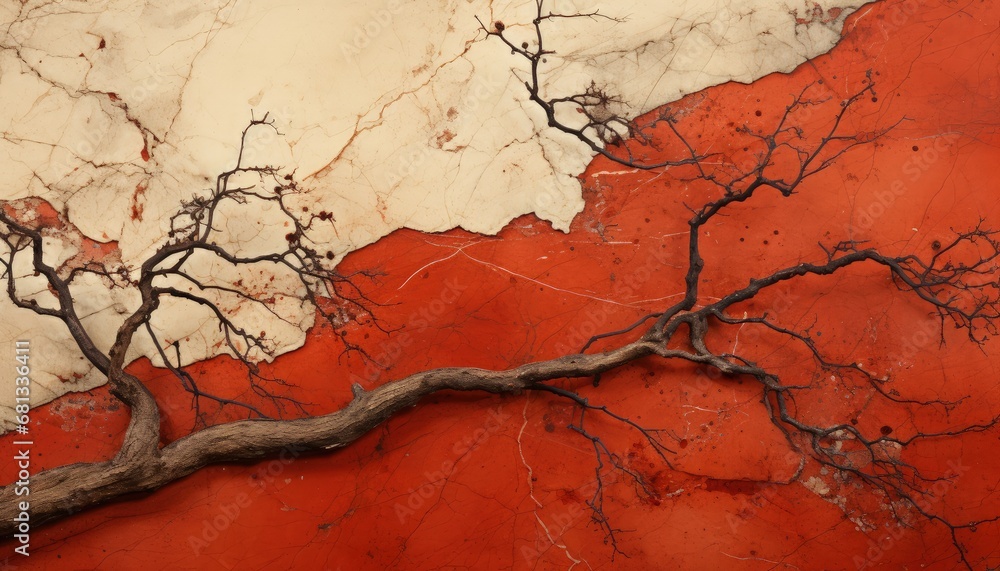 Resilient Tree Branch Against Vibrant Red and White Wall Resilient Tree Branch Against Vibrant Red and White Wall