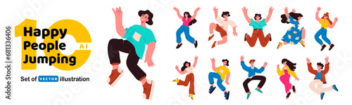 Happy people jump. Person fly vector illustration. Happy people jump set. Young character energy pose. Student joy. Happy youth man and woman. Happy jumping people celebrating event and freedom dance. photo