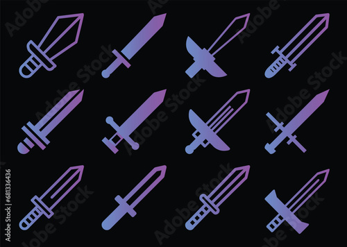 Gradient knight sword icons set, saber logo, rapier, longsword, vector illustration isolated on black background