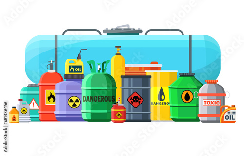 Chemical waste container. Hazard chemical liquid in row line. Chemical waste hazard drum. Toxic container set. Danger radioactive substance. Flammable material. Compressed gas and oil safety tank
