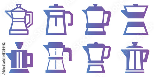 Gradient moka pot set, coffee maker icon, electric kettle, kitchen icons for app, ui, website, vector illustration isolated on white background