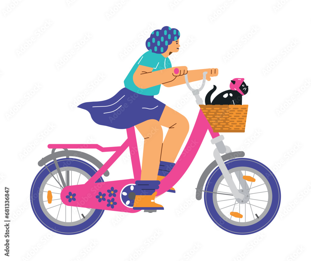 Fototapeta premium Woman rides a bicycle with a cat in a basket, flat vector on white