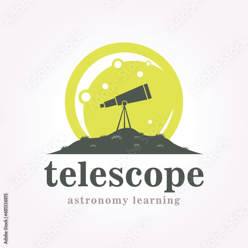 telescope logo on hill with supermoon background, space astronomy vintage vector icon design scope illustration design