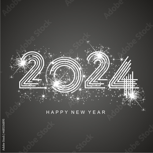 2024 New Year abstract silver multiply line design of 2024 year numbers shining glitter sparkle firework black background greeting card photo