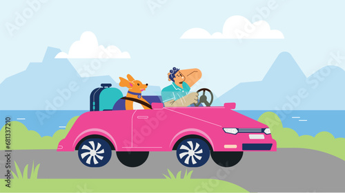 Man traveling on cabriolet car with baggage and dog, vector summer vacation, holiday with pet, driving along beach