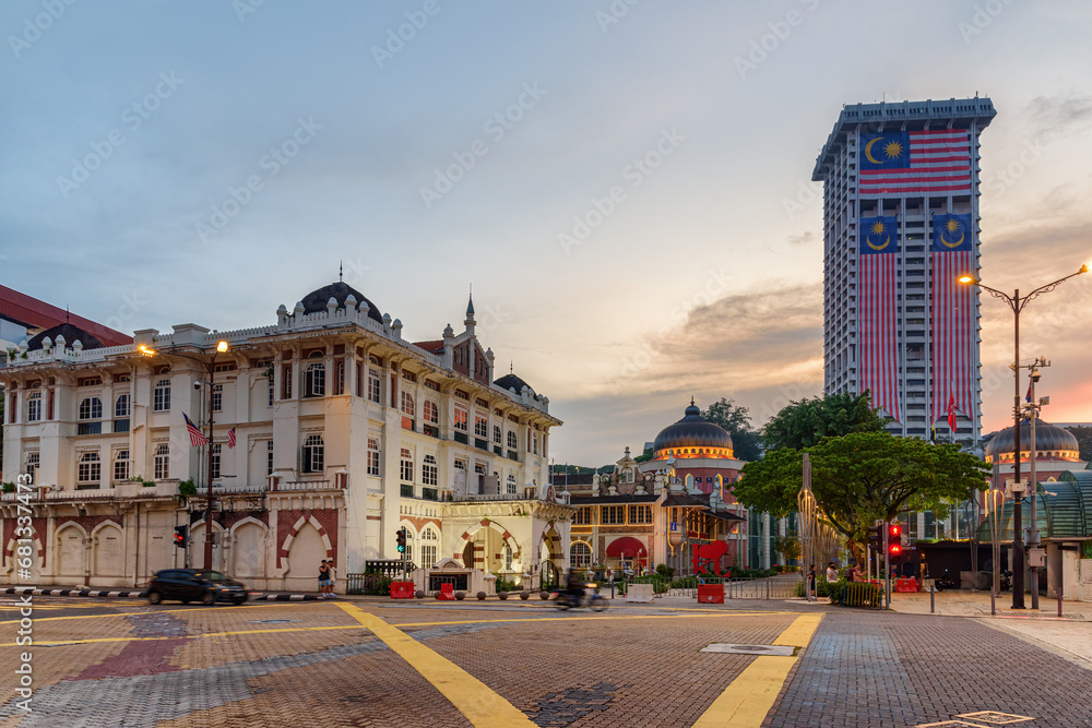 Awesome view of old buildings in Kuala Lumpur at sunset