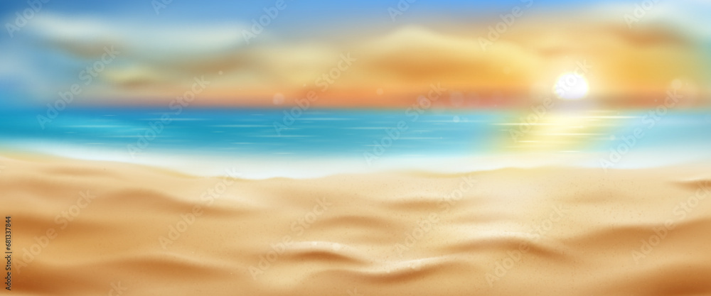 Realistic sea or ocean beach background with sand, water with foam and sun on cloudy sky. Panoramic vector of seashore with sandy texture. Tropical landscape with coastline for summer resort. Realistic sea or ocean beach background with sand, water with foam and sun on cloudy sky. Panoramic vector of seashore with sandy texture. Tropical landscape with coastline for summer resort.