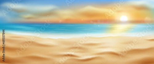 Realistic sea or ocean beach background with sand, water with foam and sun on cloudy sky. Panoramic vector of seashore with sandy texture. Tropical landscape with coastline for summer resort.