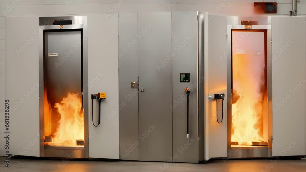 Closeup fireresistant door being closed repeatedly fire testing laboratory. door remains intact functional, preventing spread flames smoke, even after multiple repetitions. Closeup fireresistant door being closed repeatedly fire testing laboratory. door remains intact functional, preventing spread flames smoke, even after multiple repetitions.