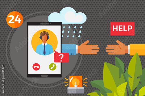 Customer support service web banner, live remotely helpline communication business concept. Client hotline advice assistant communication consulting answering question promo post, 24 help placard