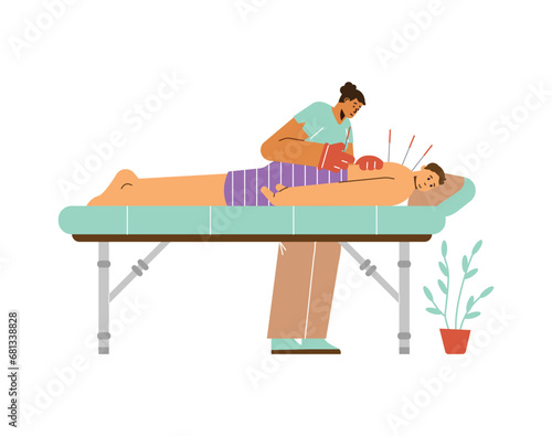 Doctor treats with needles, acupuncture, vector illustration on white
