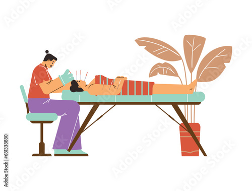 Needle treatment, acupuncture doctor, vector illustration on white