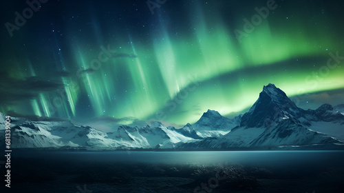 iceberg in polar regions, Aurora borealis at mountain landscape., The tranquil landscape of reflections and snow-capped peaks was illuminated by the majestic Aurora borealis.