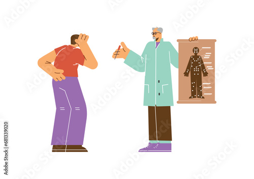 Two men, acupuncture doctor and patient, flat cartoon vector on white