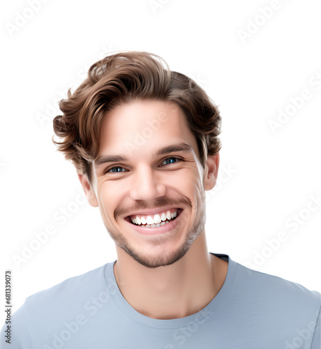 Close-up portrait of a cheerful and handsome young man with blue T-shirt, smiling face to camera. isolated on transparent background. 