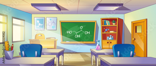 School lab interior with furniture and equipment for studying. Cartoon chemistry laboratory classroom interior with tables and cupboard with stationery, blackboard with formula, glass flasks.